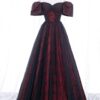 Black Tulle A-Line Prom Dress with Rose Print, Black Off Shoulder Formal Evening Dress