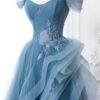 A-Line Blue Tulle Lace Long Formal Dress Off the Shoulder Formal Evening Dress