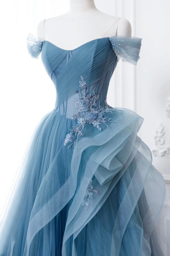 A-Line Blue Tulle Lace Long Formal Dress Off the Shoulder Formal Evening Dress A-Line Blue Tulle Lace Long Formal Dress Off the Shoulder Formal Evening Dress