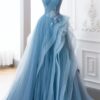 A-Line Blue Tulle Lace Long Formal Dress Off the Shoulder Formal Evening Dress