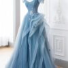 A-Line Blue Tulle Lace Long Formal Dress Off the Shoulder Formal Evening Dress