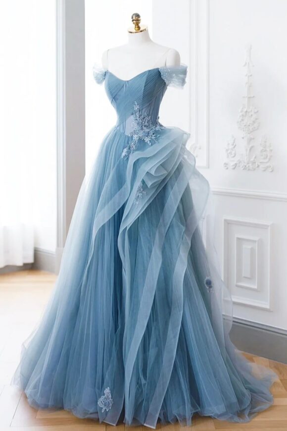 A-Line Blue Tulle Lace Long Formal Dress Off the Shoulder Formal Evening Dress A-Line Blue Tulle Lace Long Formal Dress Off the Shoulder Formal Evening Dress
