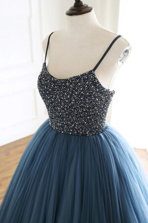 A-Line Tulle Halter Long Prom Dresses Halter Formal Evening Dresses with Beading