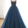 A-Line Tulle Halter Long Prom Dresses Halter Formal Evening Dresses with Beading