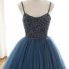 A-Line Tulle Halter Long Prom Dresses Halter Formal Evening Dresses with Beading