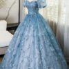 A-Line/Princess Blue Lace Butterfly Long Prom Dress Elegant Short Sleeve Evening Formal Dress