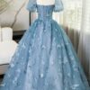 A-Line/Princess Blue Lace Butterfly Long Prom Dress Elegant Short Sleeve Evening Formal Dress