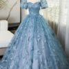 A-Line/Princess Blue Lace Butterfly Long Prom Dress Elegant Short Sleeve Evening Formal Dress