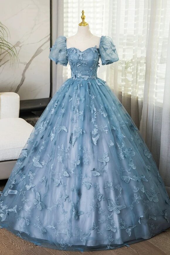 A-Line/Princess Blue Lace Butterfly Long Prom Dress Elegant Short Sleeve Evening Formal Dress A-Line/Princess Blue Lace Butterfly Long Prom Dress Elegant Short Sleeve Evening Formal Dress