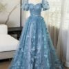 A-Line/Princess Blue Lace Butterfly Long Prom Dress Elegant Short Sleeve Evening Formal Dress