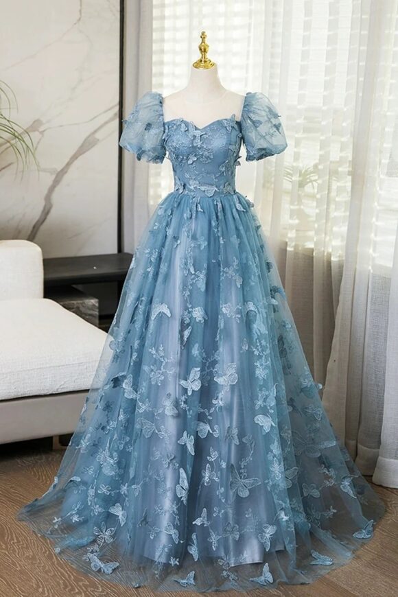 A-Line/Princess Blue Lace Butterfly Long Prom Dress Elegant Short Sleeve Evening Formal Dress A-Line/Princess Blue Lace Butterfly Long Prom Dress Elegant Short Sleeve Evening Formal Dress