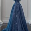 A-Line/Princess Tulle Long Prom Dress,Off the Shoulder Backless Evening Dress