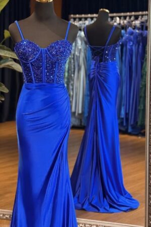 A-Line Sweetheart Neck Tulle Sequin Blue Long Prom Dress, Blue Long Formal Dress