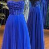 A-Line Sweetheart Neck Tulle Sequin Blue Long Prom Dress, Blue Long Formal Dress