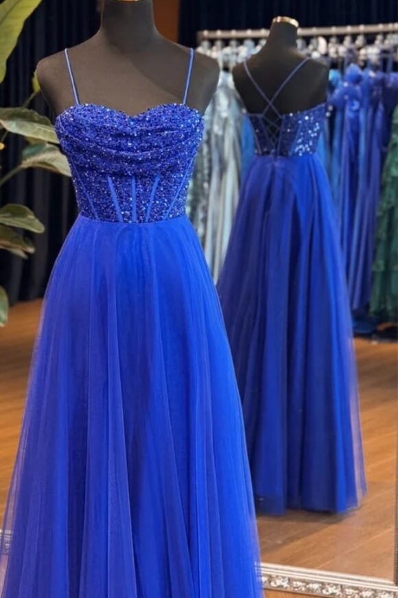 A-Line Sweetheart Neck Tulle Sequin Blue Long Prom Dress, Blue Long Formal Dress A-Line Sweetheart Neck Tulle Sequin Blue Long Prom Dress, Blue Long Formal Dress