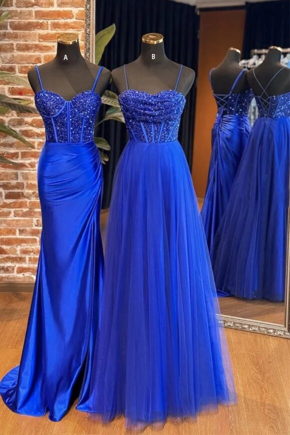 A-Line Sweetheart Neck Tulle Sequin Blue Long Prom Dress, Blue Long Formal Dress