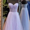 A-Line Sweetheart Neck Tulle Long Blue Prom Dress, Blue Long Formal Dress