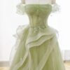 A-Line/Princess Green Tulle Long Floor Length Prom Dress Lace Evening Dress