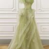 A-Line/Princess Green Tulle Long Floor Length Prom Dress Lace Evening Dress