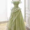 A-Line/Princess Green Tulle Long Floor Length Prom Dress Lace Evening Dress