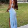 Sheath/Column Sky Blue Sheath Spaghetti Straps Open Back Cutout Maxi Dress with Slit