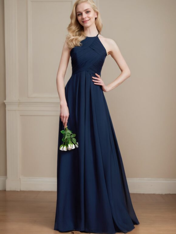A-Line/Princess Halter Sleeveless Ruched Floor-Length Chiffon Bridesmaid Dresses