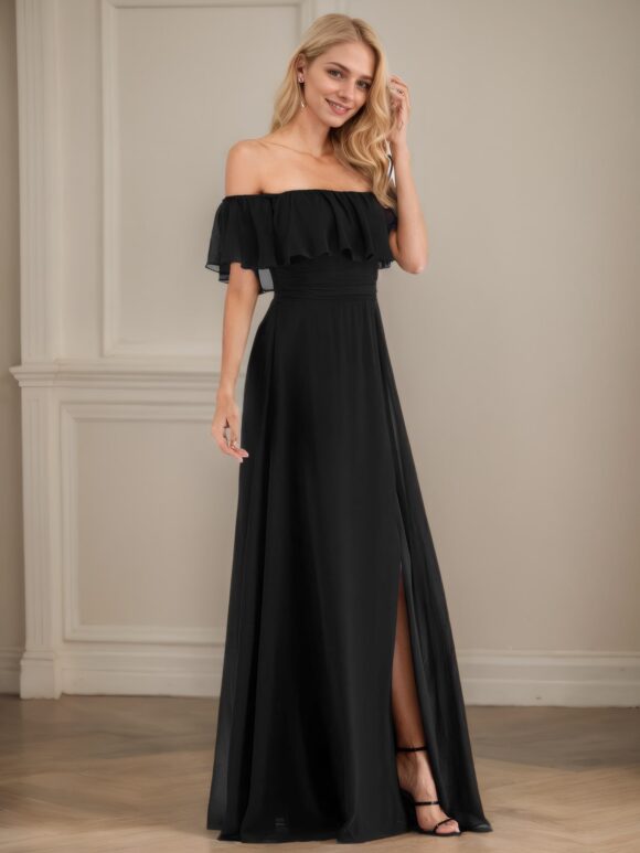 GJ9802_1-min A-Line/Princess Chiffon Ruffles Off-the-Shoulder Short Sleeves Floor-Length Bridesmaid Dresses