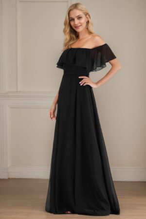 A-Line/Princess Chiffon Ruffles Off-the-Shoulder Short Sleeves Floor-Length Bridesmaid Dresses
