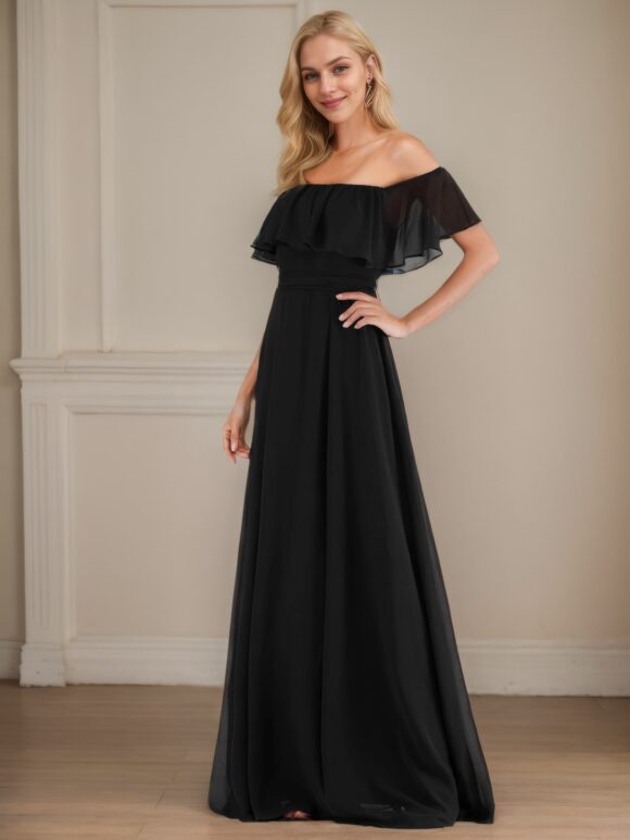 A-Line/Princess Chiffon Ruffles Off-the-Shoulder Short Sleeves Floor-Length Bridesmaid Dresses