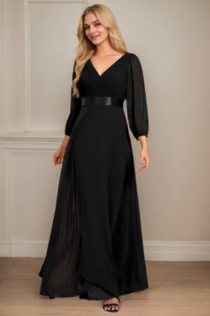 A-Line/Princess Chiffon Ruched V-neck Long Sleeves Floor-Length Bridesmaid Dresses