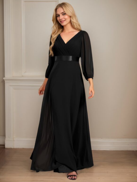 A-Line/Princess Chiffon Ruched V-neck Long Sleeves Floor-Length Bridesmaid Dresses