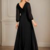 A-Line/Princess Chiffon Ruched V-neck Long Sleeves Floor-Length Bridesmaid Dresses