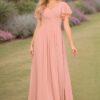 A-Line/Princess Chiffon Ruffles V-neck Short Sleeves Floor-Length Bridesmaid Dresses