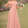 A-Line/Princess Chiffon Ruffles V-neck Short Sleeves Floor-Length Bridesmaid Dresses