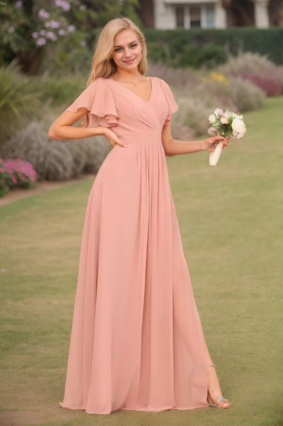 GJ9805_2-min A-Line/Princess Chiffon Ruffles V-neck Short Sleeves Floor-Length Bridesmaid Dresses
